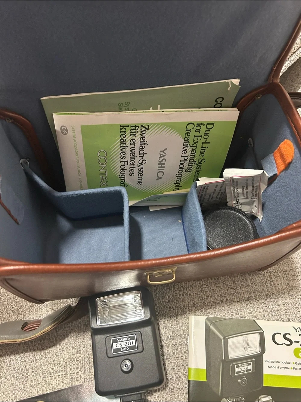Yashica Brown Leather Camera Bag with Yashica Film Camera and Accessories as is